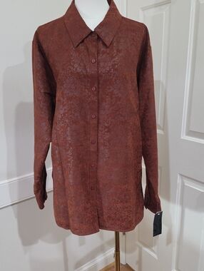 Relativity Faux Suede Floral Jacquard Button Down Blouse - Rust Brown - Size 3X
